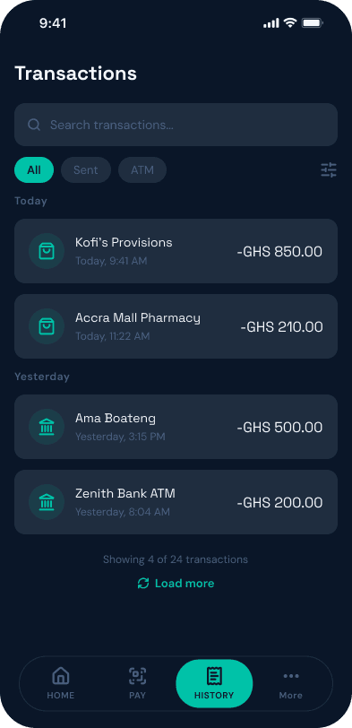 Transaction history list screen